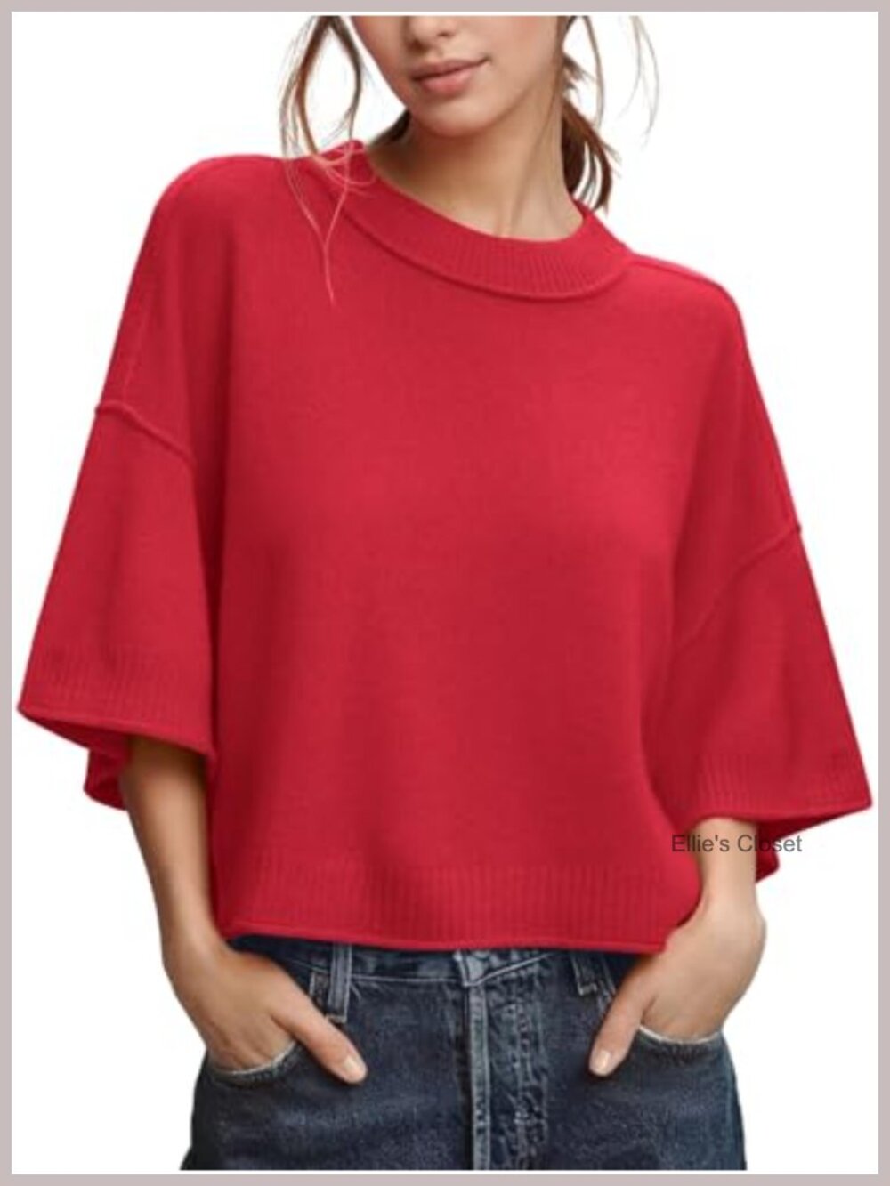 Cropped Knit Pullover Sweater 3/4 Sleeve Loose Fit Crew Neck
